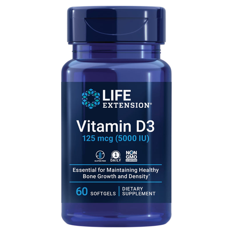 Life Extension Vitamin D3 125mcg (5000 IU) – Supports Bone & Immune Health, Anti-Aging & Longevity Supplements– Non-GMO, Gluten-Free, Once Daily – 60 Softgels 60 Count (Pack of 1) Standard Packaging - NewNest Australia