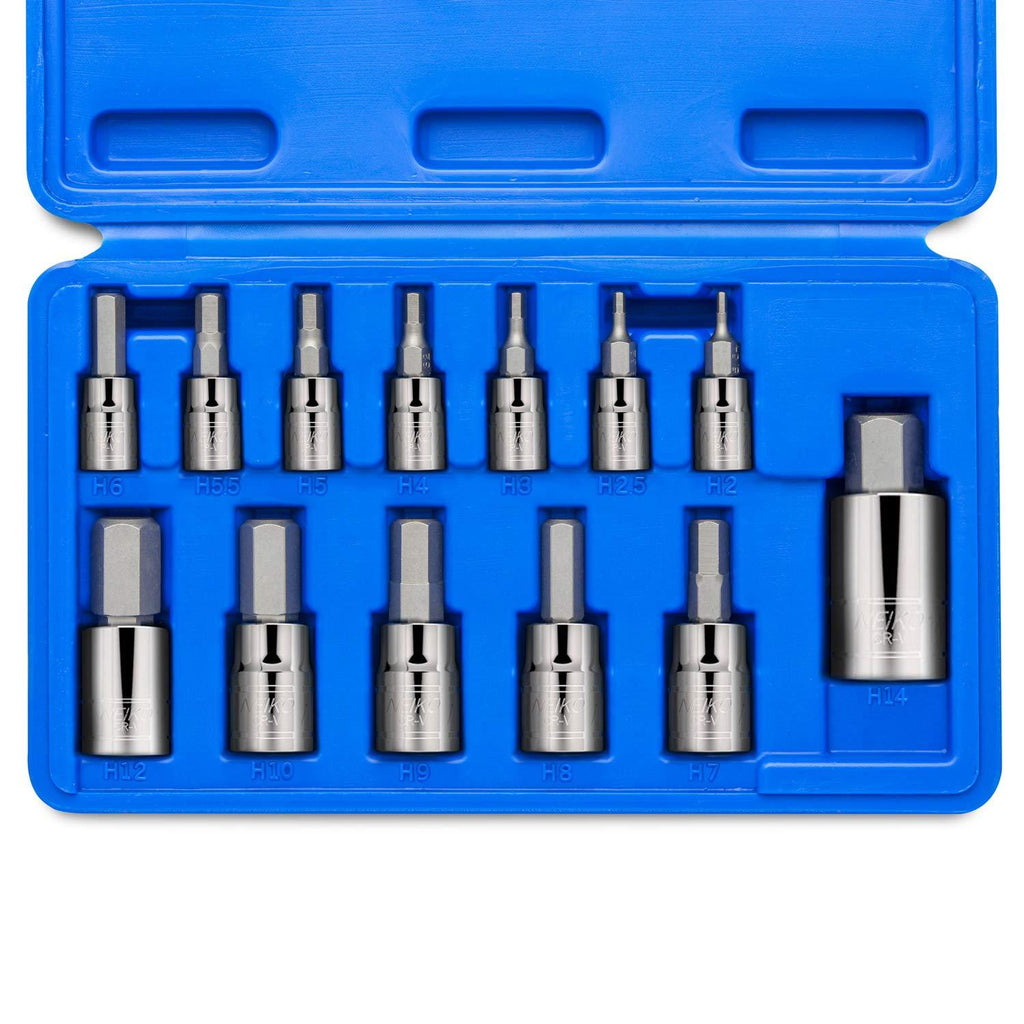 Neiko 10074A Hex Bit Socket Set, Metric, 2mm to 14mm | 13-Piece Set, S2 and Cr-V Steel, 1/4”, 3/8” and 1/2-Inch Drive - NewNest Australia