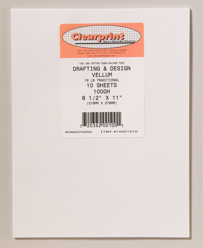 Clearprint 1000H Design Vellum Sheets, 16 lb., 100% Cotton, 8-1/2 x 11 Inches, 10 Sheets Per Pack, Translucent White, 1 Each (10201210) 8.5 x 11 Inches/10 Sheets - NewNest Australia