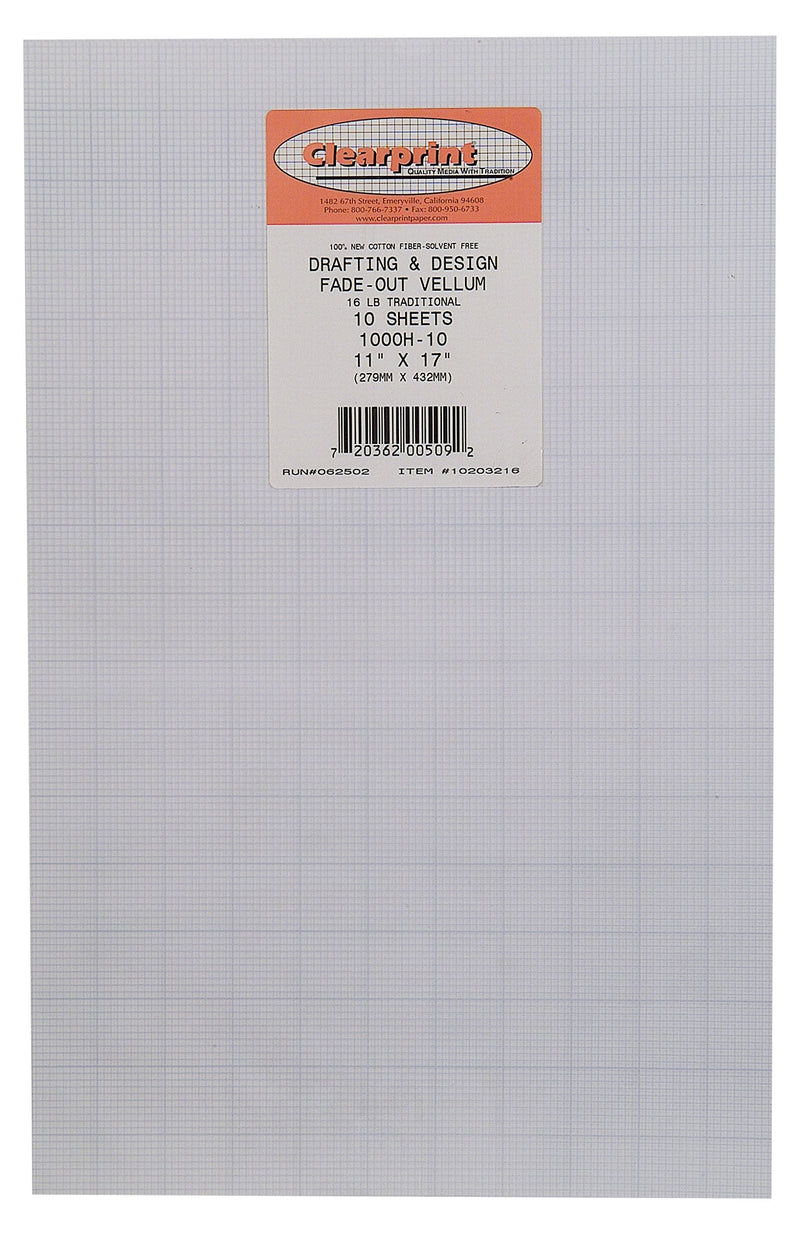 Clearprint Vellum Sheets with 10x10 Fade-Out Grid, 11x17 Inches, 16 LB, 60 GSM, 1000H 100% Cotton, 10 Sheets Per Pack, Translucent White (10203216) 10x10 Fade Out Grid 11 x 17 Inches/10 sheets - NewNest Australia