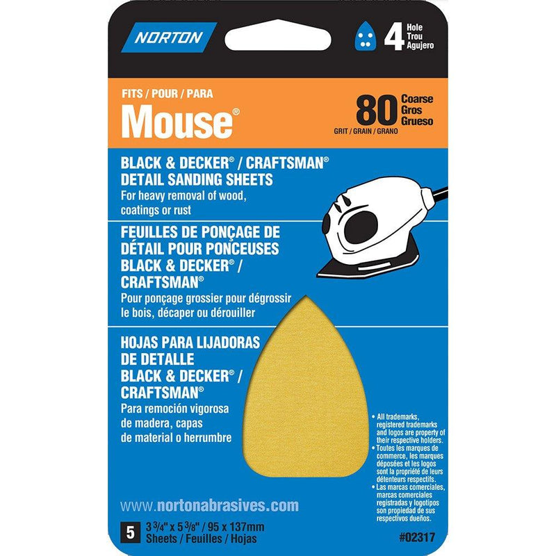 Norton 07660702317 Iron Shape Sanding Sheet for Black and Decker/Craftsman Mouse Sander, Hook and Loop, 7" Length x 3" Width, P80 Grit, Coarse Grade (Pack of 5) - NewNest Australia