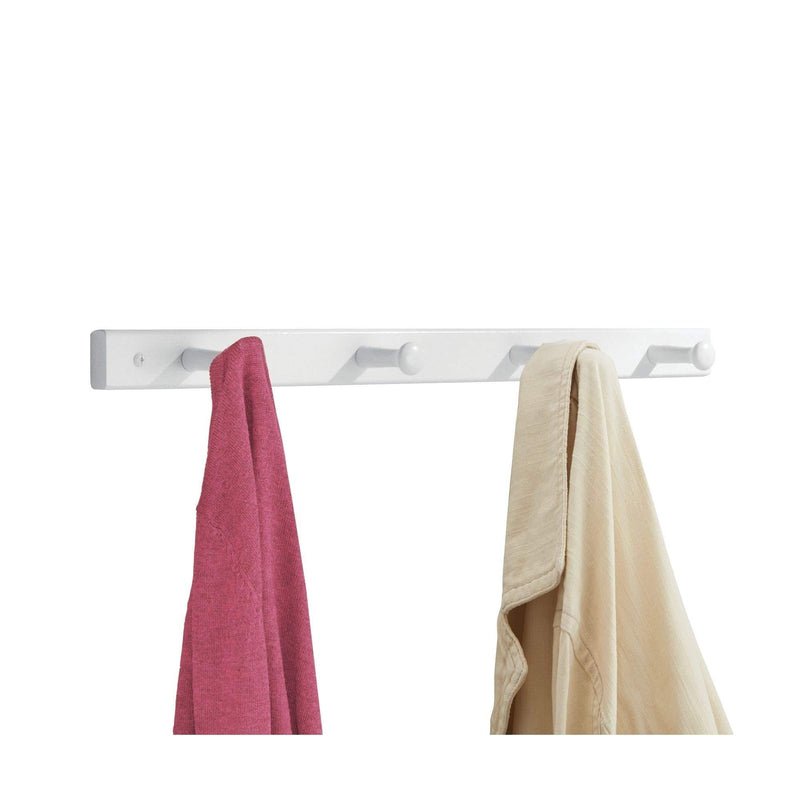 NewNest Australia - iDesign Wooden Wall Mount 4-Peg Coat Rack for Hanging Jackets, Leashes, Purses, Hats, Scarves, Bags in Mudroom, Kitchen, Office, 21.5" x 1.6" x 3.1", White 