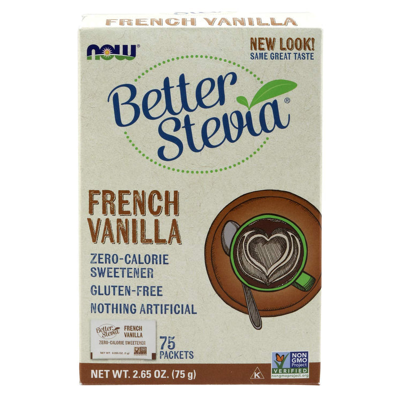 NOW Foods, BetterStevia, French Vanilla, Zero-Calorie Sweetener, Gluten-Free, Certified Non-GMO, 75 Packets/Box - NewNest Australia