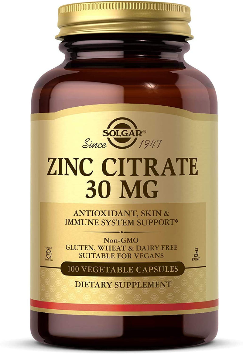 Solgar Zinc Citrate 30 mg, 100 Vegetable Capsules - Zinc for Healthy Skin, Taste & Vision - Immune System & Antioxidant Support - Citrate Form for Optimal Absorption - Non GMO, Vegan - 100 Servings - NewNest Australia