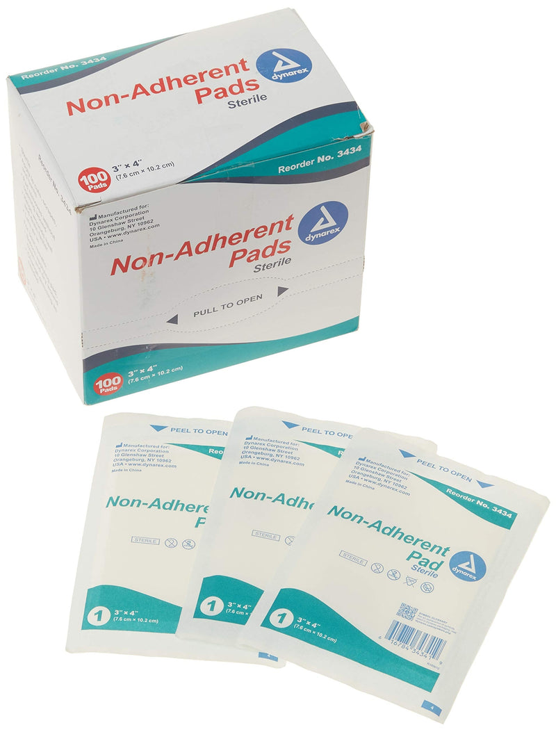Dynarex Non-Adherent Pads-Sterile, Individually Packaged, Non-Stick Wound and Burn Care, Soft & Highly Absorbent, 3” x 4”, 1 Box of 100 Non-Adherent Pads-Sterile 3" x 4" - NewNest Australia