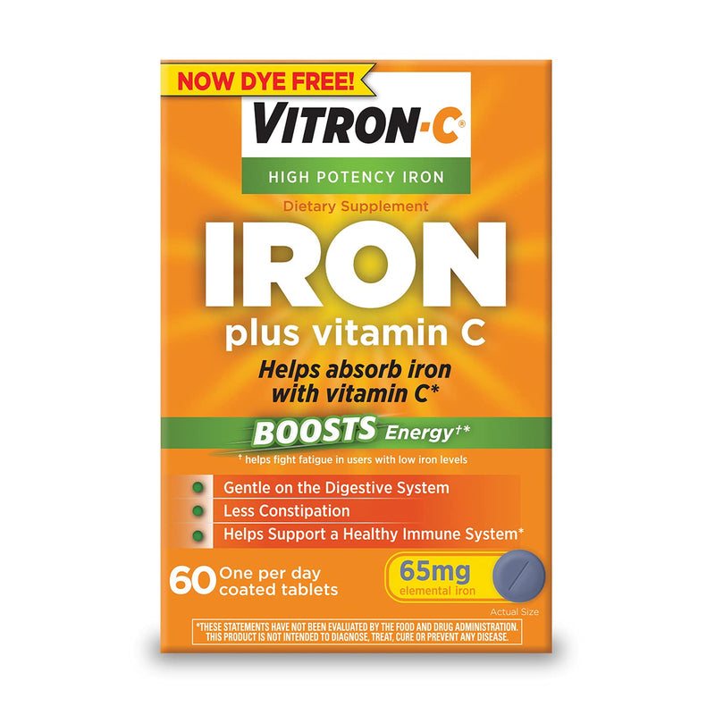 Vitron-C High Potency Iron Supplement with 125 mg Vitamin C, Dye Free, Vegan, Gluten Free, 60 Count - NewNest Australia
