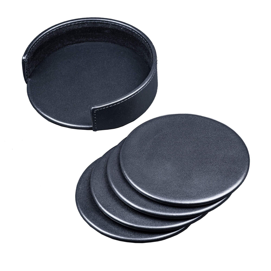 NewNest Australia - Dacasso Black Leather 4-Round Coaster Set 