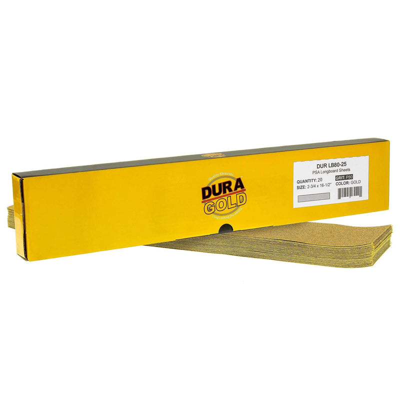 Dura-Gold - Premium - 80 Grit Gold - Pre-Cut Longboard Sheets 2-3/4" Wide by 16-1/2" Long - PSA Self Adhesive Stickyback Longboard Sandpaper - Box of 20 Sandpaper Finishing Sheets 80-Grit - NewNest Australia