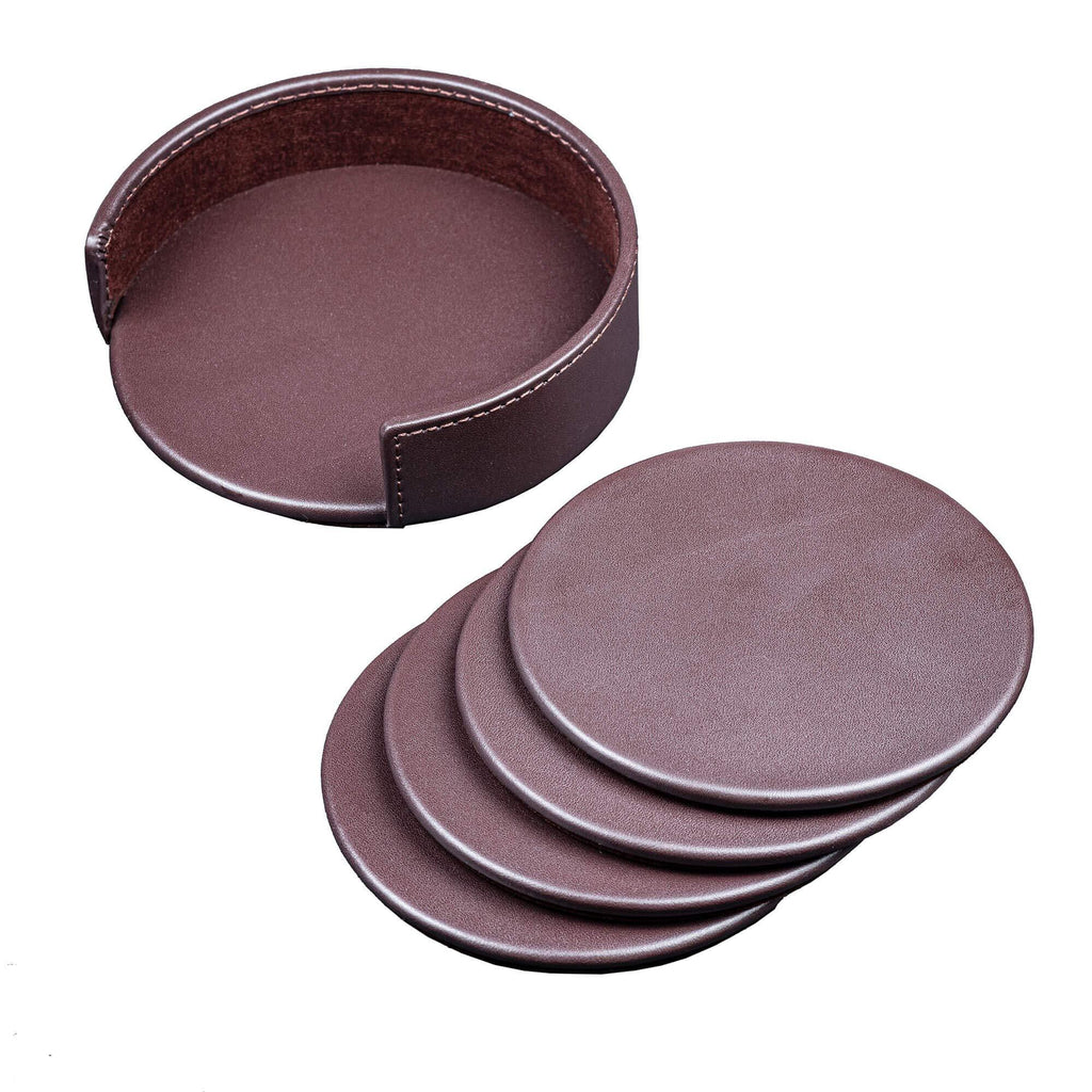 NewNest Australia - Dacasso Chocolate Brown Leather 4 Round Coaster Set 