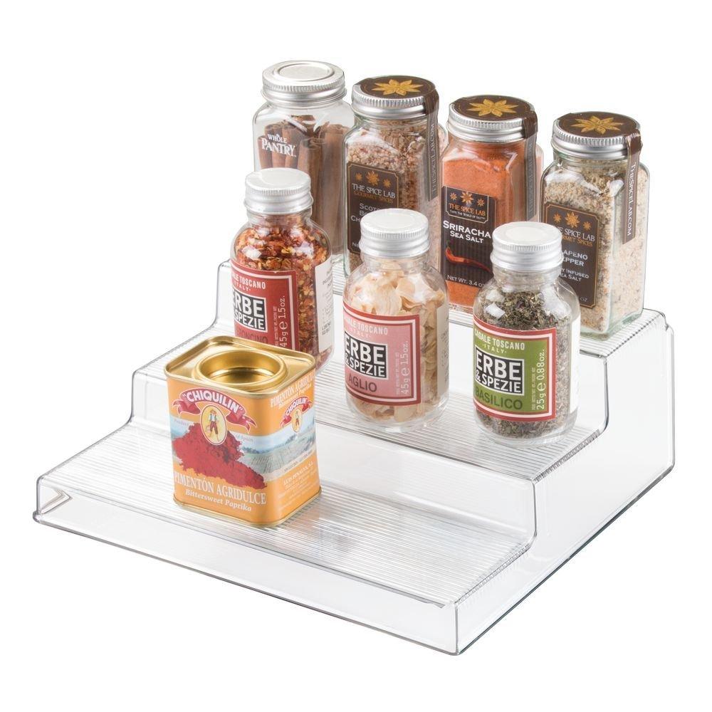 NewNest Australia - iDesign Linus Linus Plastic 3-Tier Spice Rack, Stadium Organizer Rack for Kitchen Pantry, Cabinet, Countertops, Bathroom, Desk, Clear Three Tier 