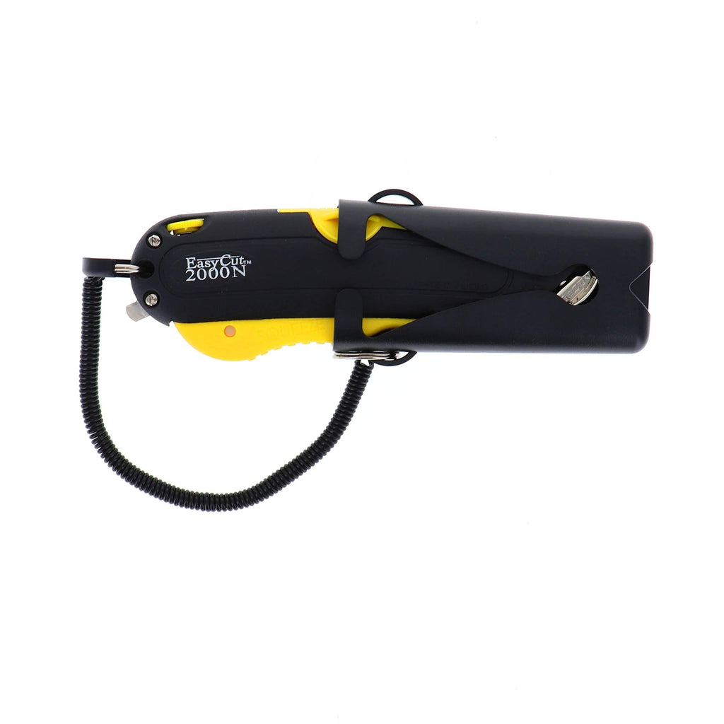 Modern Box Cutter, extra tape cutter at back, dual side edge guide, 3 blade depth setting, 2 blades and holster - Yellow Color 2000N - NewNest Australia