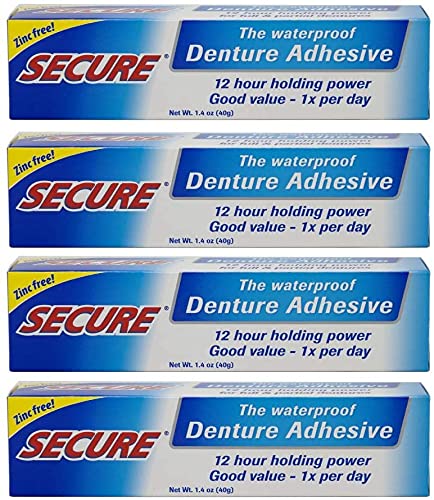 Secure Waterproof Denture Adhesive - Zinc Free - Extra Strong Hold For Upper, Lower or Partials - 1.4 oz (Pack of 4) Pack of 4 - NewNest Australia