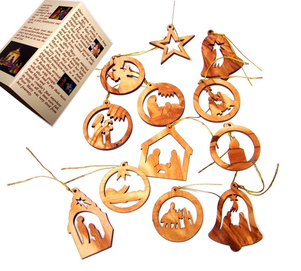 NewNest Australia - Holy Land Market Olive Wood Ornaments - Mix (Set of 12 Flat Ornaments). 