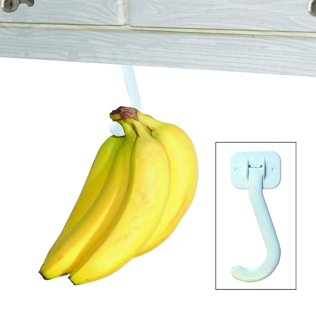 NewNest Australia - Banana Hook Hanger Under Cabinet Hook Ripens Bananas with Less Bruises | Hang Other Lightweight Kitchen Items, Folds Up Out of Sight When Not in Use, Self-Adhesive + Pre-drilled Screw Holes (White) 