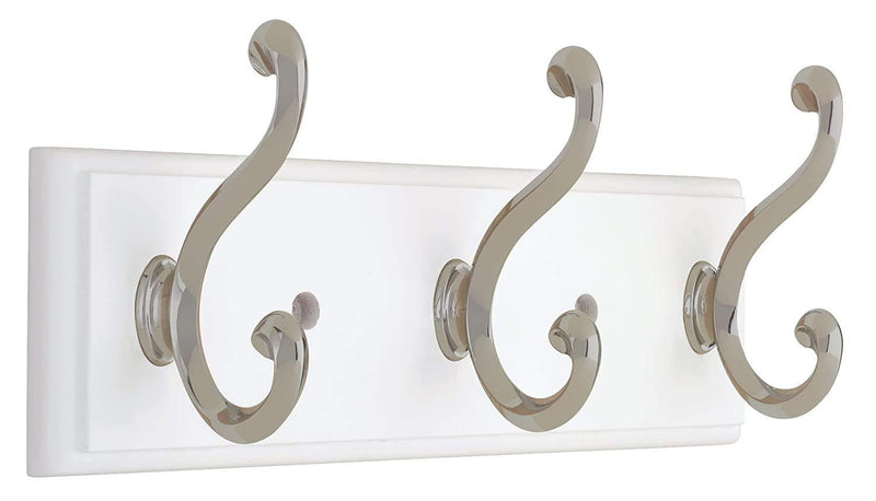 NewNest Australia - 129854 Coat Rack, 10-Inch, Wall Mounted Coat Rack with 3 Decorative Hooks, Satin Nickel and White 10 Inch Hook Rail with 3 Scroll Hooks 