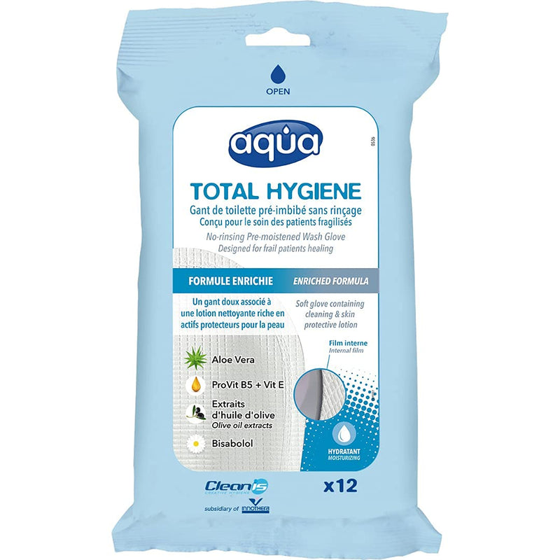 Cleanis Aqua Wash Gloves - Medical Grade Pre-Moistened Cleansing Wipes - No Water, Soap, Rinsing or Drying Necessary – All Skin Types – Hypoallergenic - Pack of 12 Gloves - NewNest Australia