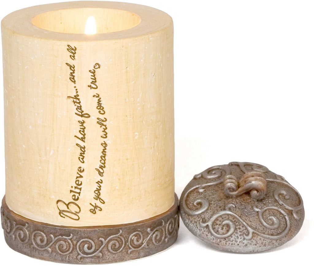 NewNest Australia - Comfort to Go by Pavilion Tea Light Candle Holder with Candle, Believe Sentiment, 4-Inch, Cylinder 