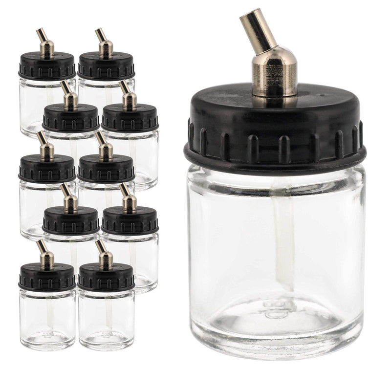 Master Airbrush (Pack of 10) TB-002 Empty 3/4 Ounce (22cc) Glass Jar Bottles with 30° Down Angle Adaptor Lid Assembly - Fits Dual-Action Siphon Feed Airbrushes, Use with Master, Badger, Paasche, Iwata - NewNest Australia