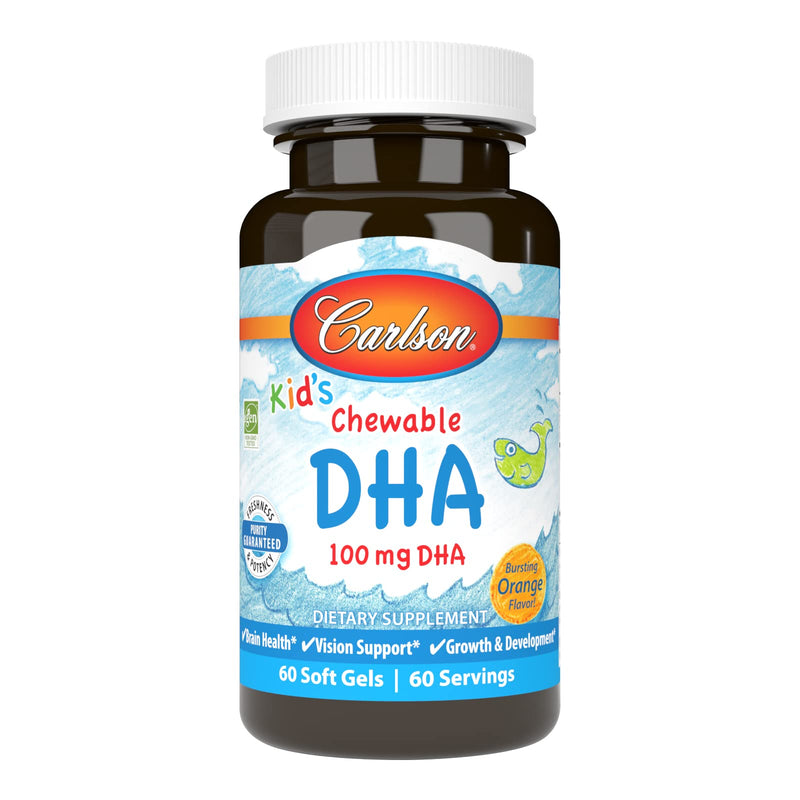 Carlson - Kid's Chewable DHA, 100 mg DHA, Brain & Vision Function, Growth & Development, Orange, 60 Chewable Softgels 60 Count (Pack of 1) - NewNest Australia