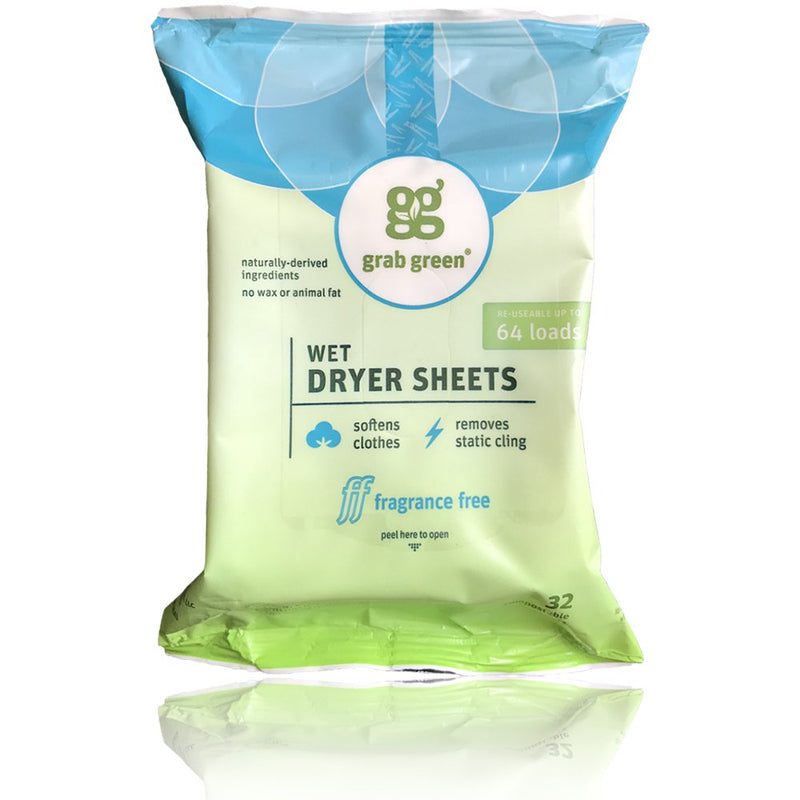 Grab Green Natural Wet Dryer Sheets, Unscented/Free & Clear, Fabric Softener & Static-Reducer, 64 Loads, Reusable & Compostable, Fragrance Free Wet Sheets-Fragrance Free 32 Count (Pack of 1) - NewNest Australia