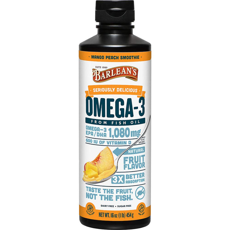 Barlean's Mango Peach Omega 3 Fish Oil Supplements - 1080mg of EPA/DHA, 600 IU Vitamin D3 for Brain, Heart, Joint, & Immune Health - Non GMO, Gluten Free, All-Natural Fruit Smoothie - 16-Ounce 1 Pound (Pack of 1) - NewNest Australia