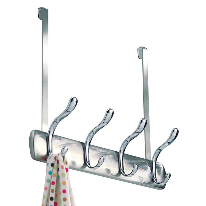 NewNest Australia - iDesign Bruschia Metal Over the Door Hanging 4-Hook Rack for Coats, Hats, Robes, Towels in Bathroom, Bedroom, Dorm, Entryway, 13" x 4.42" x 11.25", Brushed Nickel and Chrome Brushed and Chrome 4 Hook 