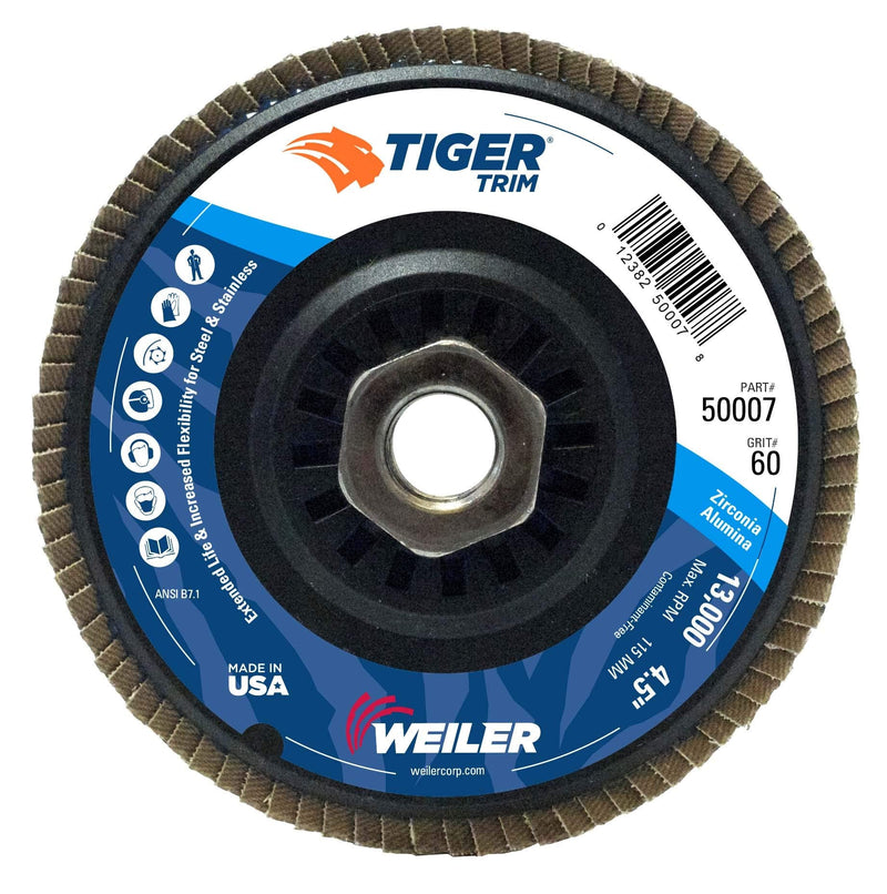 Weiler 50007 Tiger 5/8"-11 Arbor, 4-1/2" Diameter, 60 Grit, Zirconium, Trimmable Composite Backing, Angled Abrasive Flap Disc, Made in the USA 5/8"-11 Hub - NewNest Australia