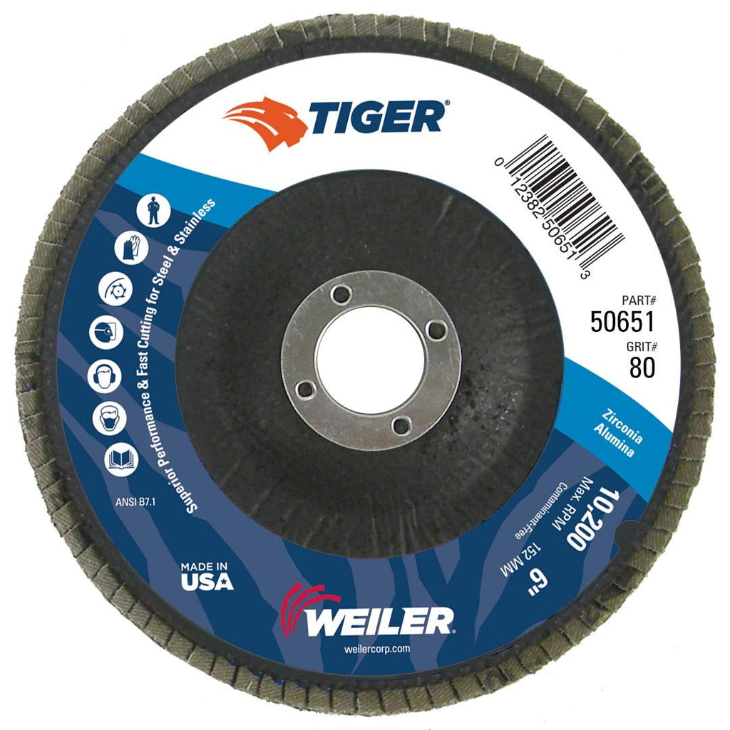 Weiler 50651 Tiger 7/8" Arbor, 6" Diameter, 80 Grit, Zirconium, Phenolic Backing, Angled Abrasive Flap Disc, Made in the USA - NewNest Australia