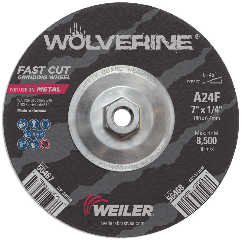 Weiler 56468 Wolverine 5/8" 11 Arbor, 1/4" Thickness, 7" Diameter, A24R Grit, Type 27 Grinding Wheel 7" Dia Type 27 5/8" Arbor - NewNest Australia