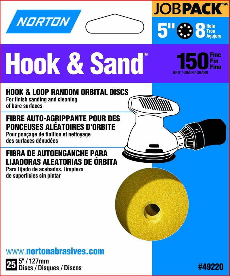 Norton Hook & Sand JobPack 49220 Hook & Loop Random Orbital Discs, P150 Medium Grit, Aluminum Oxide Abrasive, For Finish Sanding and Cleaning of Bare Surfaces, 5" x 8 Hole (A290) (Pack of 25) - NewNest Australia