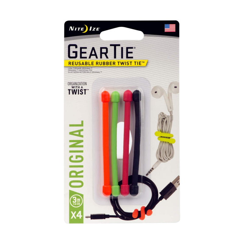 Nite Ize GT3-4PK-A1 Original Gear, Reusable Rubber Twist Tie, Made in The USA, 3-Inch, 3" - 4-Pack, Assorted Colors, 4 Count - NewNest Australia