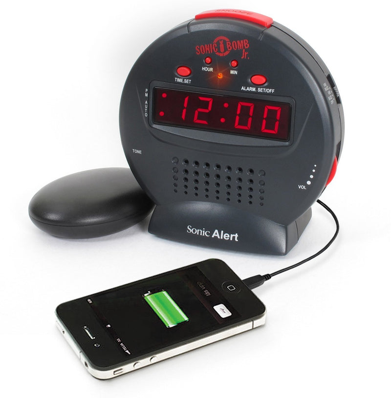 NewNest Australia - Sonic Bomb Jr. by Sonic Alert Loud Alarm Clock with Bed Shaker Vibrator. For Heavy Sleepers, Teenagers, People with Hearing Loss, Seniors, and the Deaf - Sonic Bomb Jr. - SBJ525SS Black/Red 