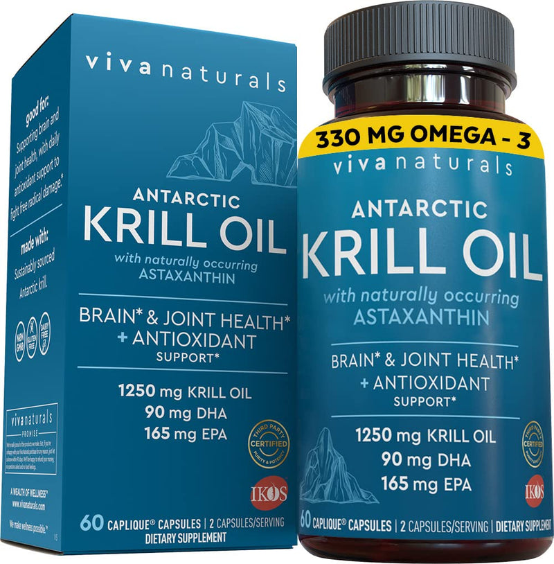 Krill Oil Supplement 1250mg - Antarctic Krill Oil Omega 3 Providing Astaxanthin, DHA and EPA, Joint Support and Brain Supplement with No Fishy Aftertaste (60 Capsules) 60 Count (Pack of 1) - NewNest Australia