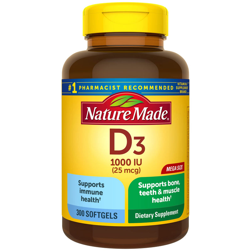 Nature Made Vitamin D3, 300 Softgels, Vitamin D 1000 IU (25 mcg) Helps Support Immune Health, Strong Bones and Teeth, & Muscle Function, 125% of the Daily Value for Vitamin D in One Daily Softgel - NewNest Australia