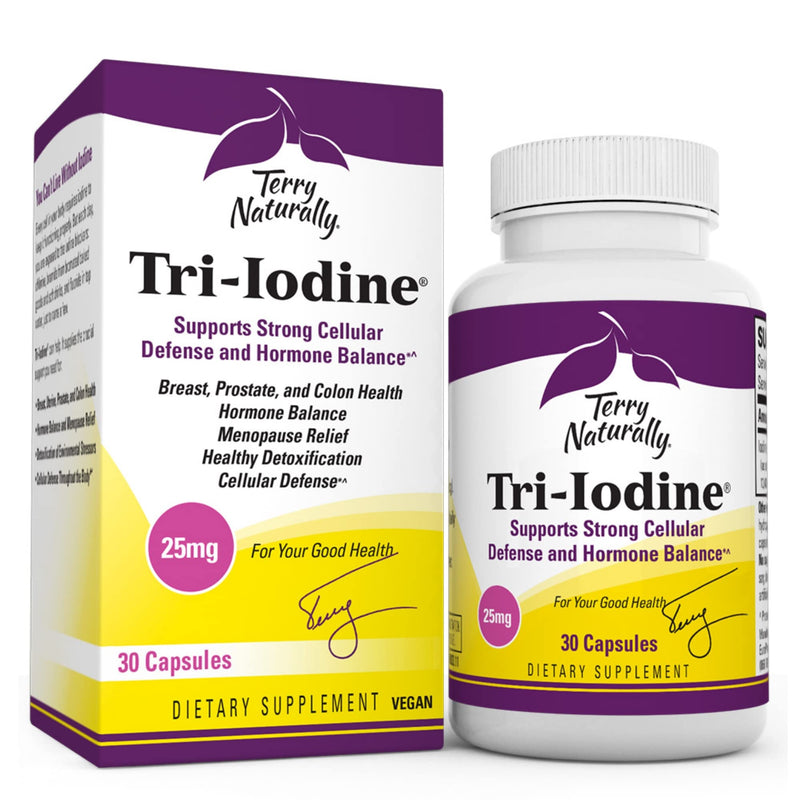 Terry Naturally Tri-Iodine 25 mg - 25000 mcg Iodine, 30 Vegan Capsules - Supports Hormone Balance, Promotes Breast & Prostate Health - Non-GMO, Gluten-Free, Kosher - 30 Servings 30 Caps Standard Packaging - NewNest Australia