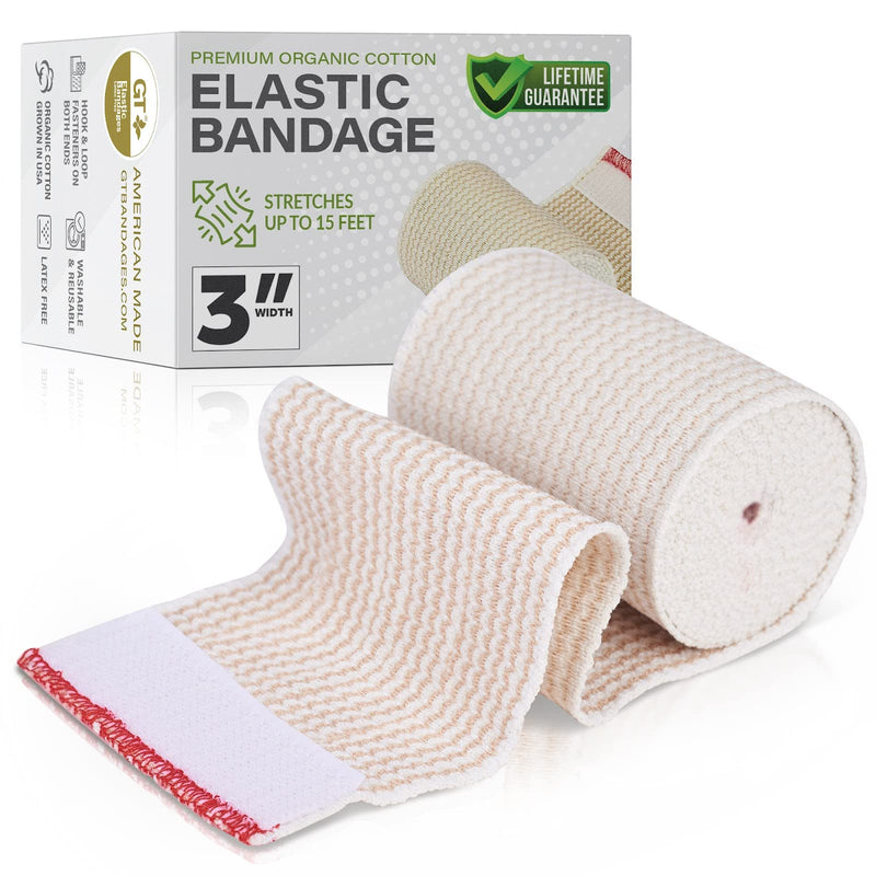 GT USA Organic Cotton Elastic Bandage Wrap (3" Wide, 1 Pack) | Hook & Loop Fasteners at Both Ends | Latex Free | Hypoallergenic Compression Roll for Sprains & Injuries 3" Wide - NewNest Australia
