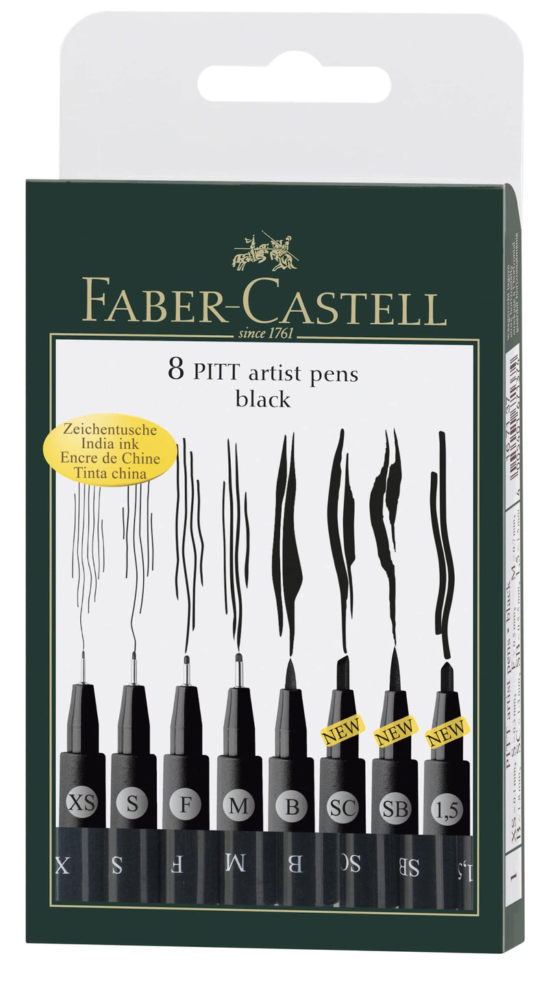 Faber-Castell Pitt Artist Pen Pack of 8 Assorted Sizes, 8 Black - NewNest Australia