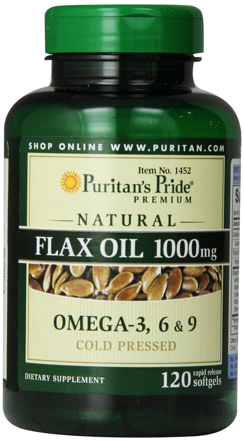 Puritan's Pride Premium Natural Flax Oil 1000 mg Omega-3, 6 & 9 Cold Pressed, 120 Softgels - NewNest Australia