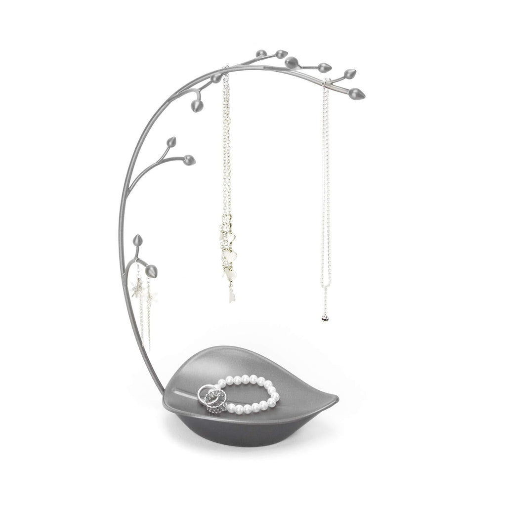 NewNest Australia - Umbra Orchid Jewelry Hanging Tree Stand - Multi-Functional Necklace Metal Holder Display Organizer Rack With a Ring Dish Tray - Great For Organization - Can Be Used As Decor, Dining Room Centerpiece Pewter 