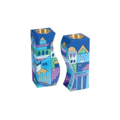 NewNest Australia - World Of Judaica Yair Emanuel Fitted Shabbat Candlesticks with Jerusalem Depictions in Blue 