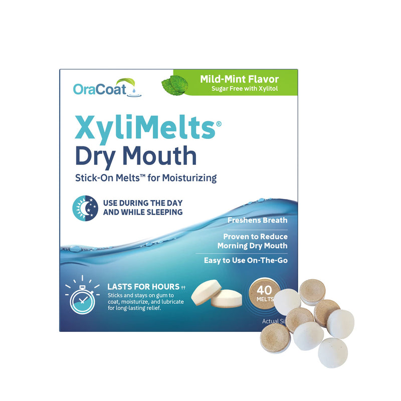 OraCoat XyliMelts Dry Mouth Relief Moisturizing Oral Adhering Discs Mild Mint with Xylitol, for Dry Mouth, Stimulates Saliva, Non-Acidic, Day and Night Use, Time Release for up to 8 Hours, 40 Count 40 Count (Pack of 1) - NewNest Australia