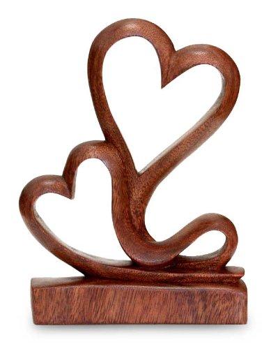 NewNest Australia - NOVICA Heart Shaped Natural Brown Romantic Love Suar Wood Sculpture, 7.75" 'Two Hearts' 