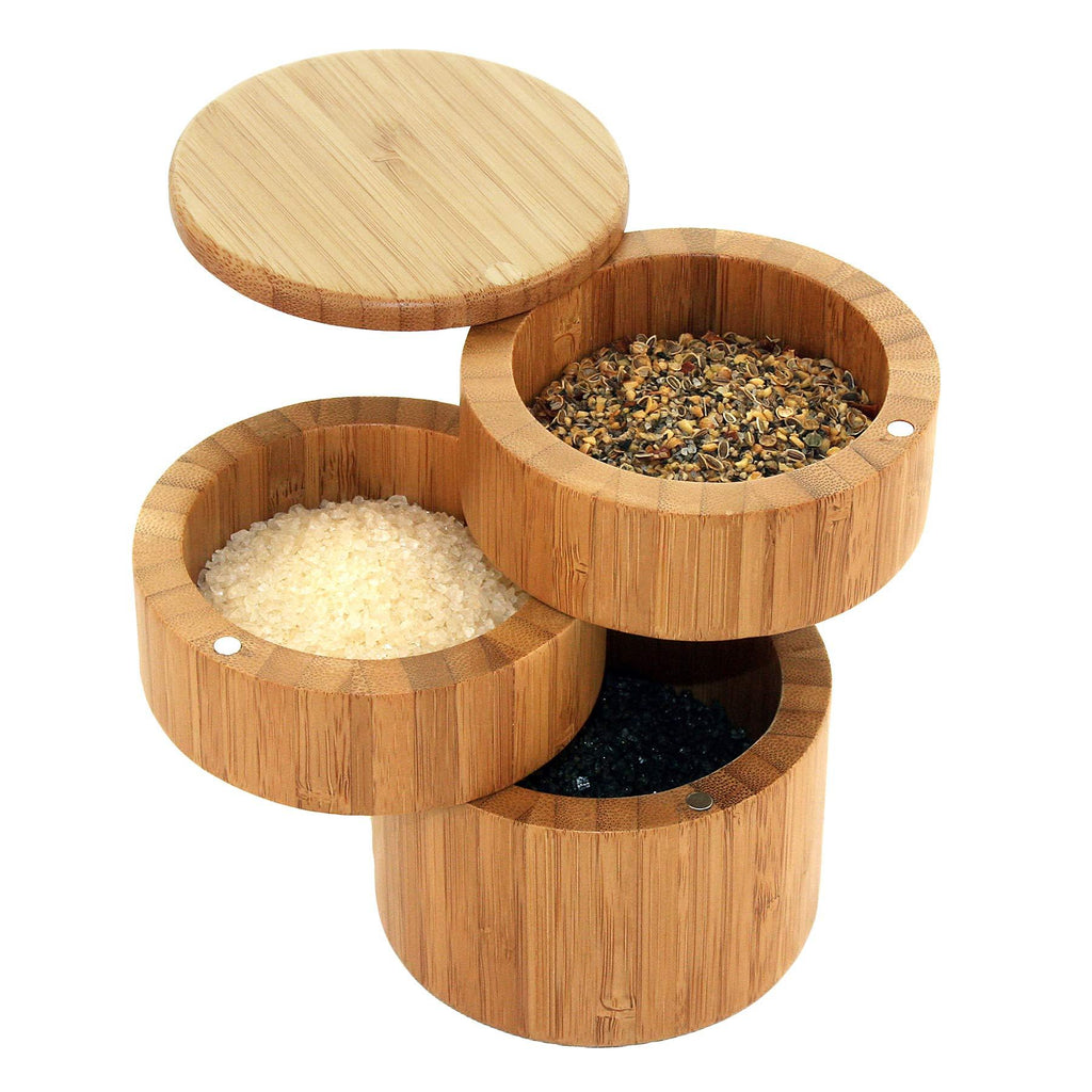 NewNest Australia - Totally Bamboo Triple Salt Box, Three Tier Bamboo Storage Box with Magnetic Swivel Lids 