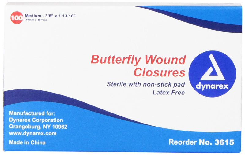 Dynarex Adhesive Bandage, Butterfly Fab, Medium, 3/8 Inches x 1 13/16 Inches Sterile, 100 Count Medium (Pack of 100) - NewNest Australia