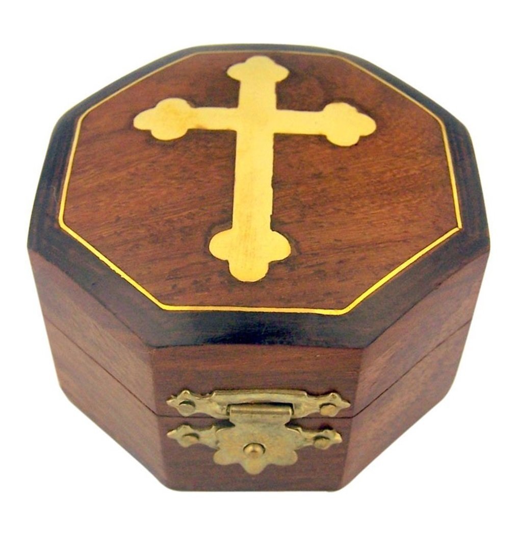 NewNest Australia - CB Brown Wood Rosary Box with Gold Budded Cross, 2 3/4 Inch 