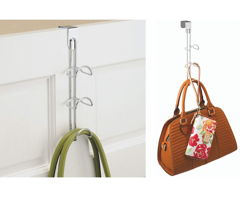 NewNest Australia - iDesign Classico Over-the-Door Closet Organizer, 3-Hooks for Hanging Handbags, Backpacks, Totes, Towels in Bedroom, Bathroom, Mudroom, Office, 3.25" x 4.5" x 12.88" - Chrome Handbag Holder 