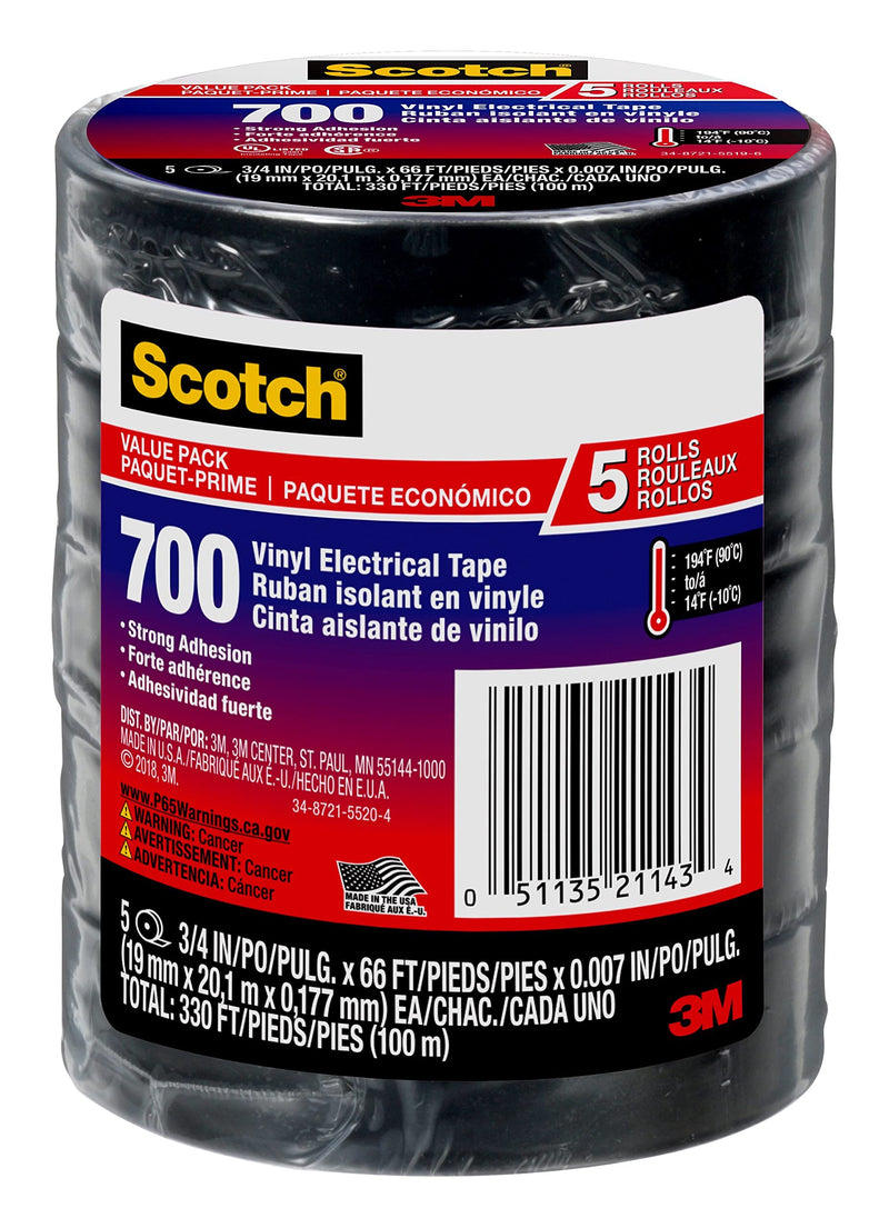 Scotch Vinyl Electrical Tape, Black, 3/4-in x 66-ft, 5-Rolls - NewNest Australia