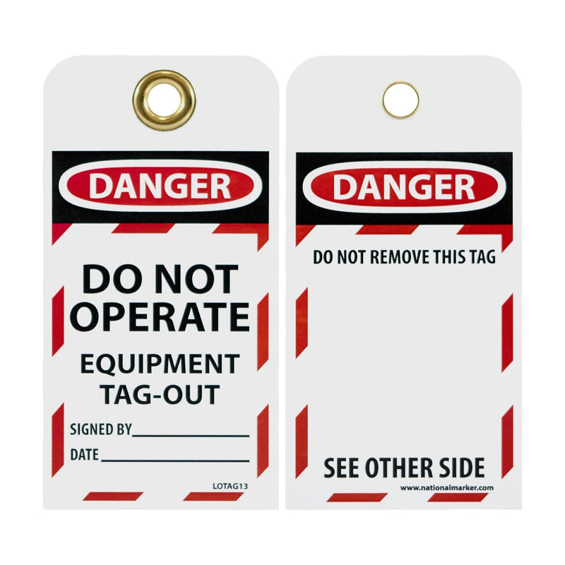 NMC LOTAG13 DANGER DO NOT OPERATE EQUIPMENT TAG-OUT Tag – [Pack of 10] 3 in. x 6 in. Vinyl 2 Side Danger Tag with White/Black Text on Red/White Base - NewNest Australia