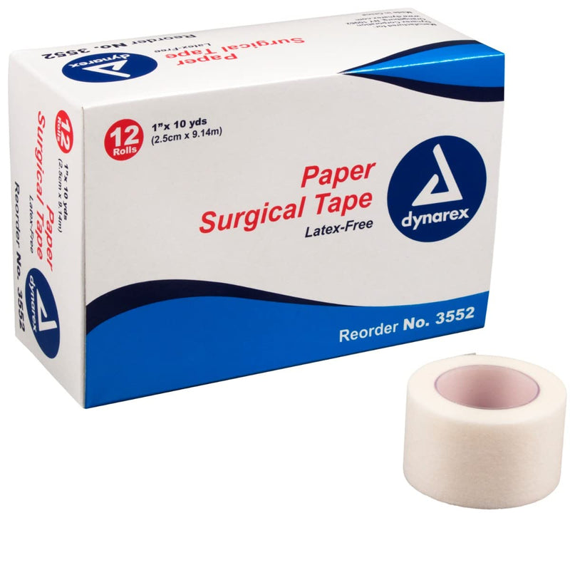 Dynarex Paper Surgical Tape, Use to Secure Wound Care with Medical Gauze, Dressings, and Non-Adherent Pads, First-Aid Kit Essential, White, 1” x 10 yds, 1 Box of 12 Rolls of Paper Surgical Tape - NewNest Australia