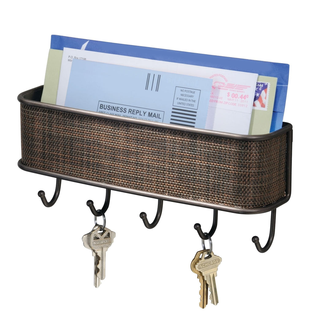 NewNest Australia - iDesign Twillo Mail and Key Holder, Decorative Wall Mounted Key Rack Organizer Pocket and Letter Sorter Holder for Entryway, Kitchen, Mudroom, Home Office Organization, 10.5" x 2.5" x 4.5", Bronze Mail & Key Rack 